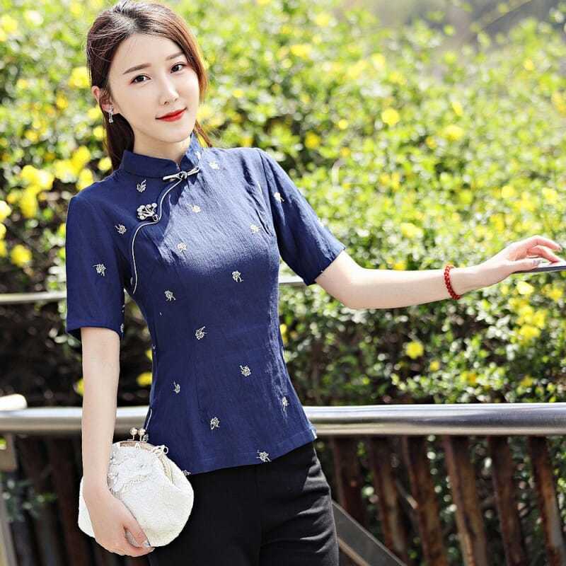中国风中式花草刺绣立领复古汉服绣花春夏唐装女旗袍式女士上衣