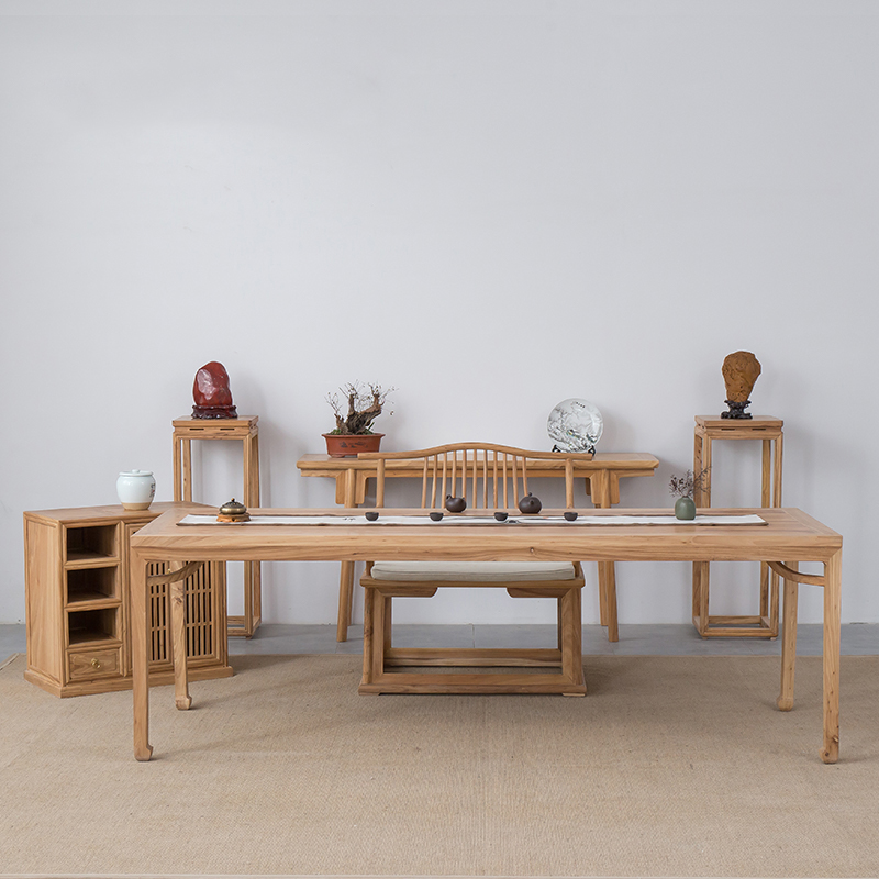 北方榆木茶桌椅组合新中式禅意泡茶台原木书桌餐桌茶室实木家具