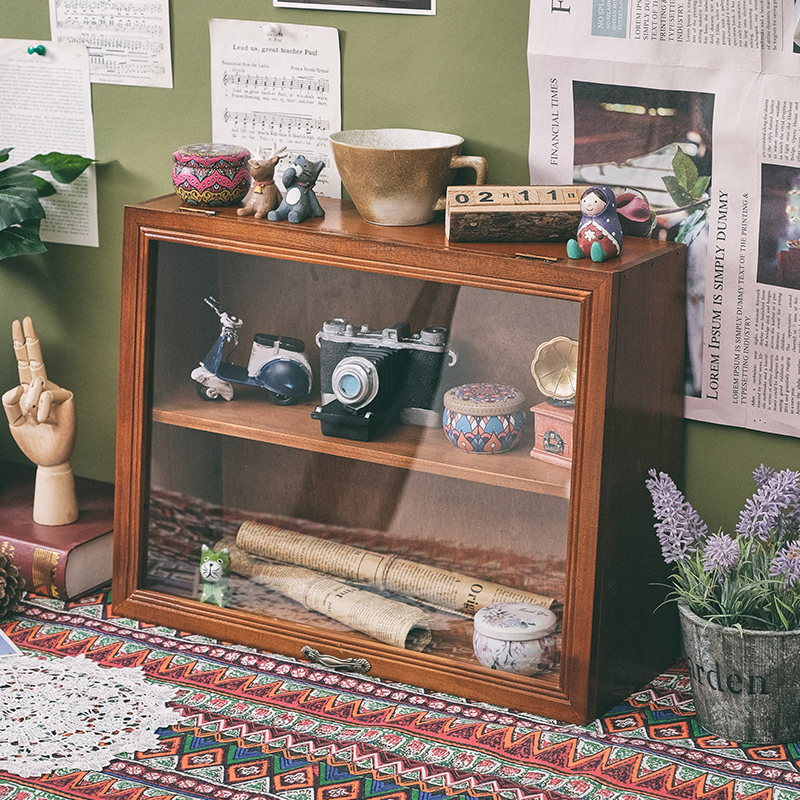 夏沐梵木桌面马克杯子收纳盒玻璃柜盲盒收纳手办展示柜香水化妆