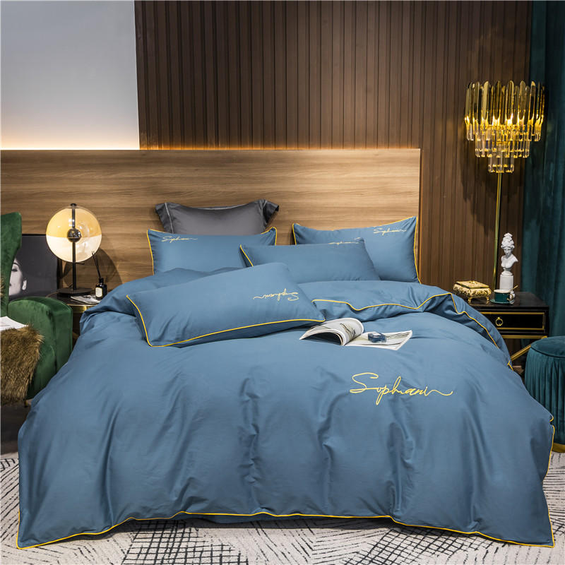 【雪羽梦】全棉贡缎长绒棉轻奢纯色边学生宿舍床单四件套【有床笠】P