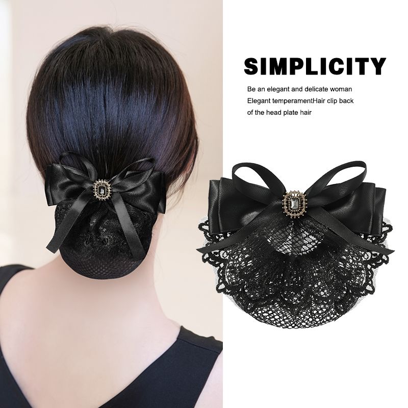铁合金布艺发饰 法式黑色发夹后蝴蝶结简约气质职业发网碎发夹