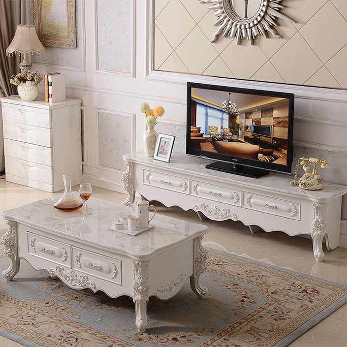 欧式茶几电视柜组合大理石储物柜地柜客厅雕花小户型简欧风格家具