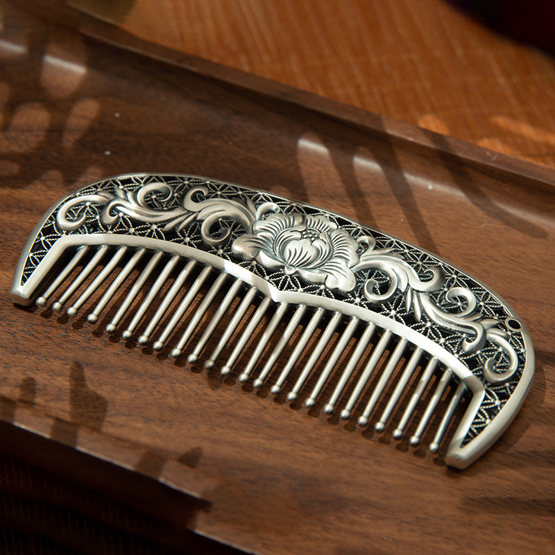 足银银制品 复古掐丝蔷薇花银梳女生小巧化妆便携方便送礼精致