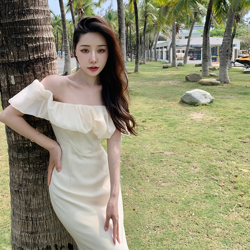 生日日常小礼裙名媛订婚礼服海边度假纯欲高级感一字肩连衣裙女夏