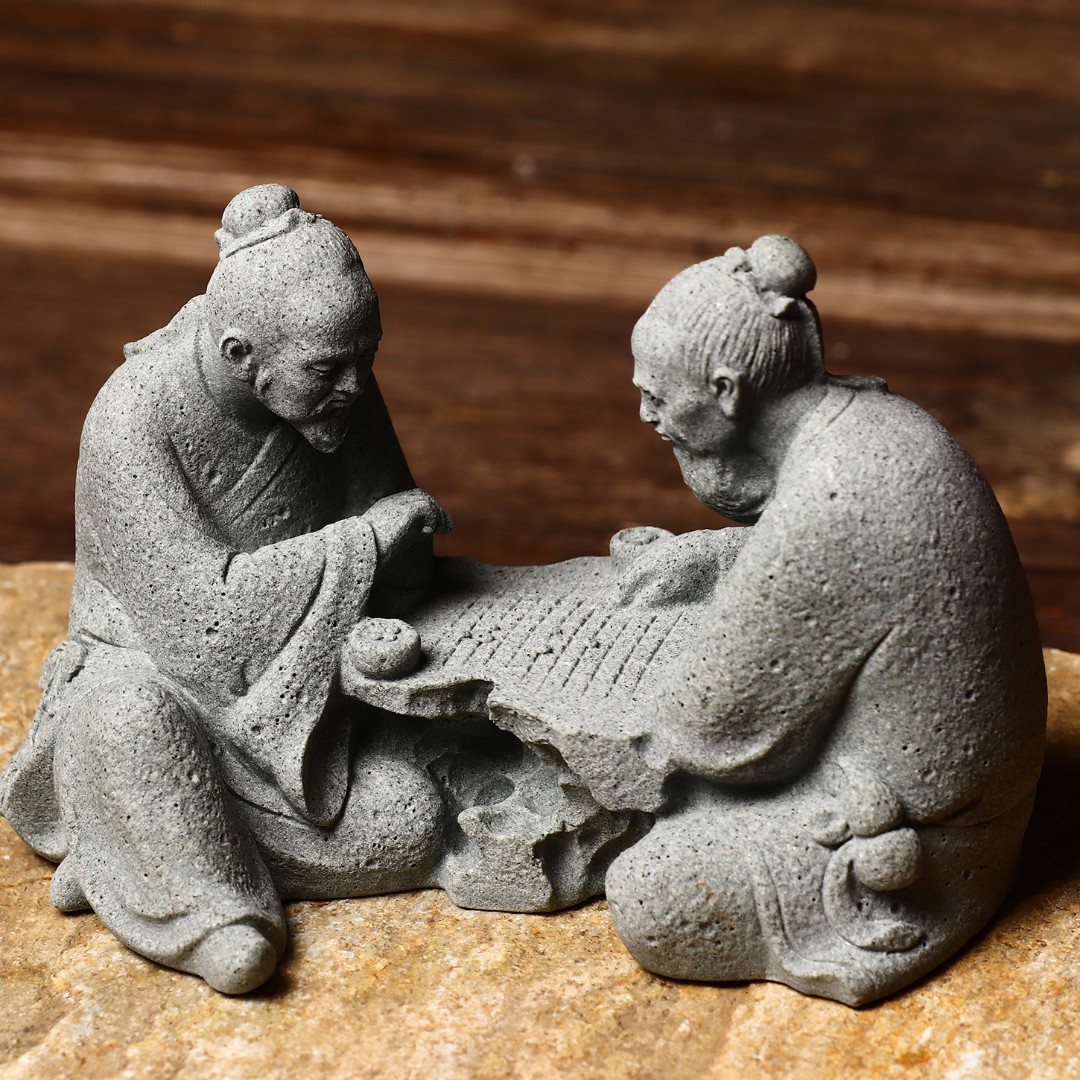 下棋翁个性青砂石雕茶空间禅意盆景古朴鱼缸沉石造景摆件茶宠雕刻