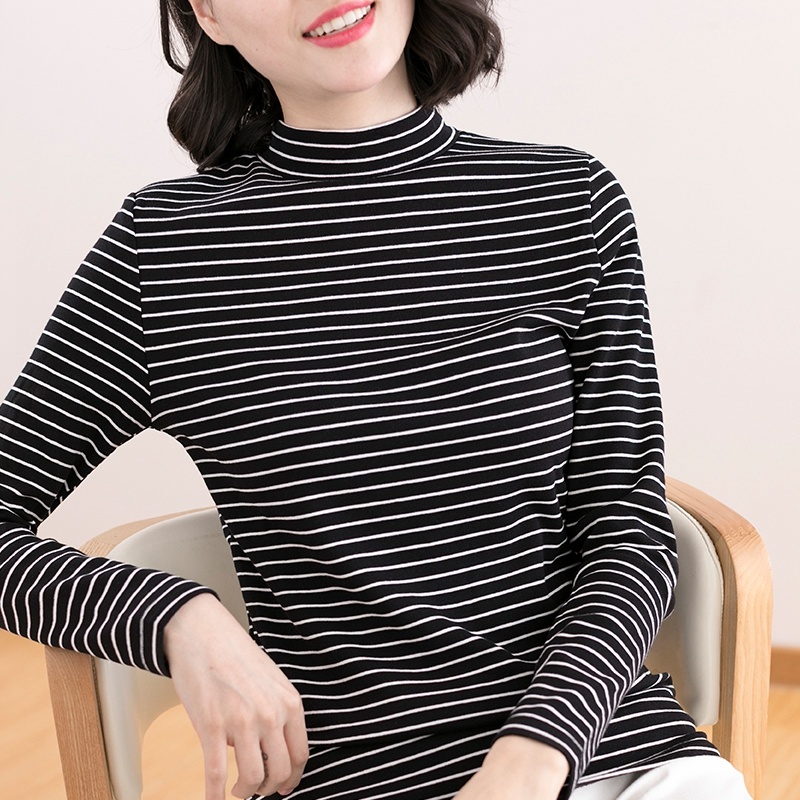 显瘦半高领条纹内搭打底衫正肩T恤中领秋衣重磅上衣长袖女外穿春