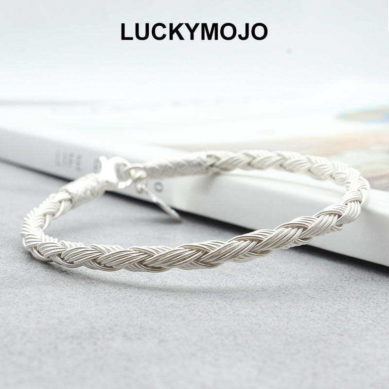 LUCKYMOJO 足银手链 极简风银手镯手工编织精致女生礼物小众高级