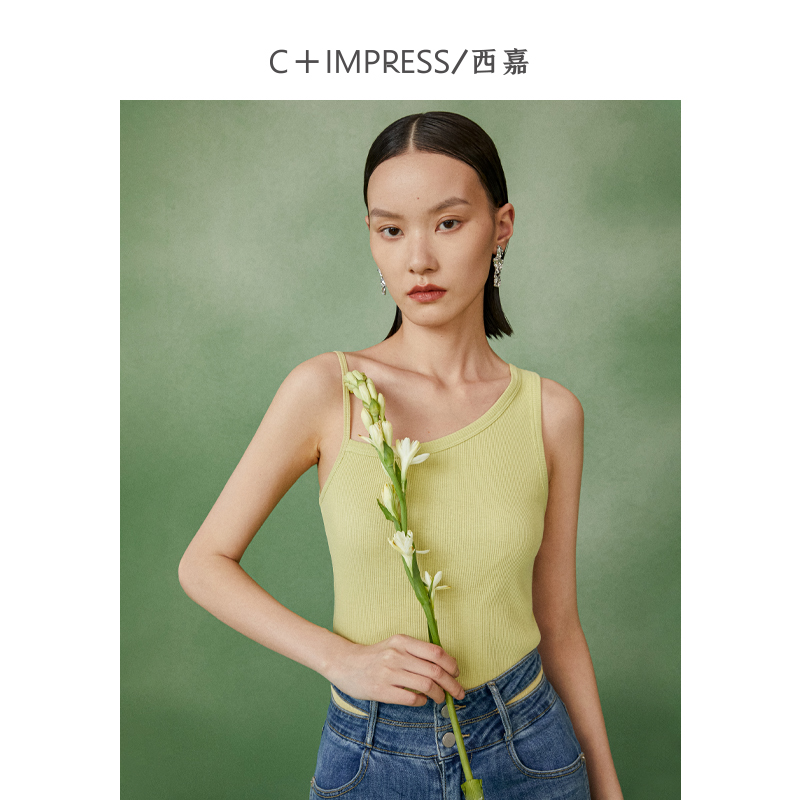 C+IMPRESS/西嘉 新疆长绒棉 简约斜肩吊带背心针织T恤设计感坑条