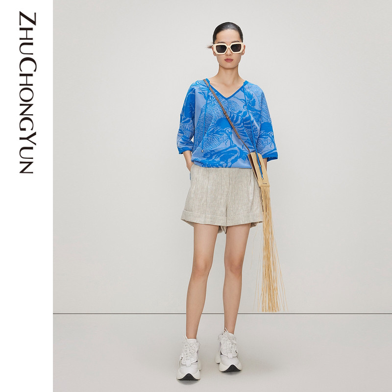 【风沁丝棉】ZHUCHONGYUN针织女印花上衣提花V领短袖T恤C1CX2840M