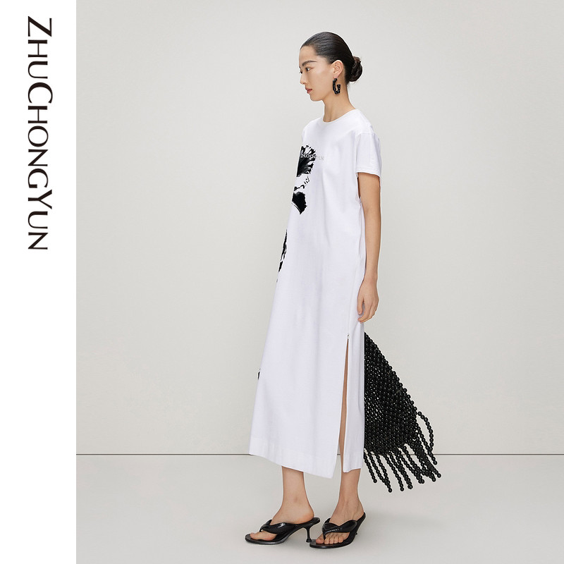 ZHUCHONGYUN度假风水墨印花圆领白色连衣裙女C1CX21456