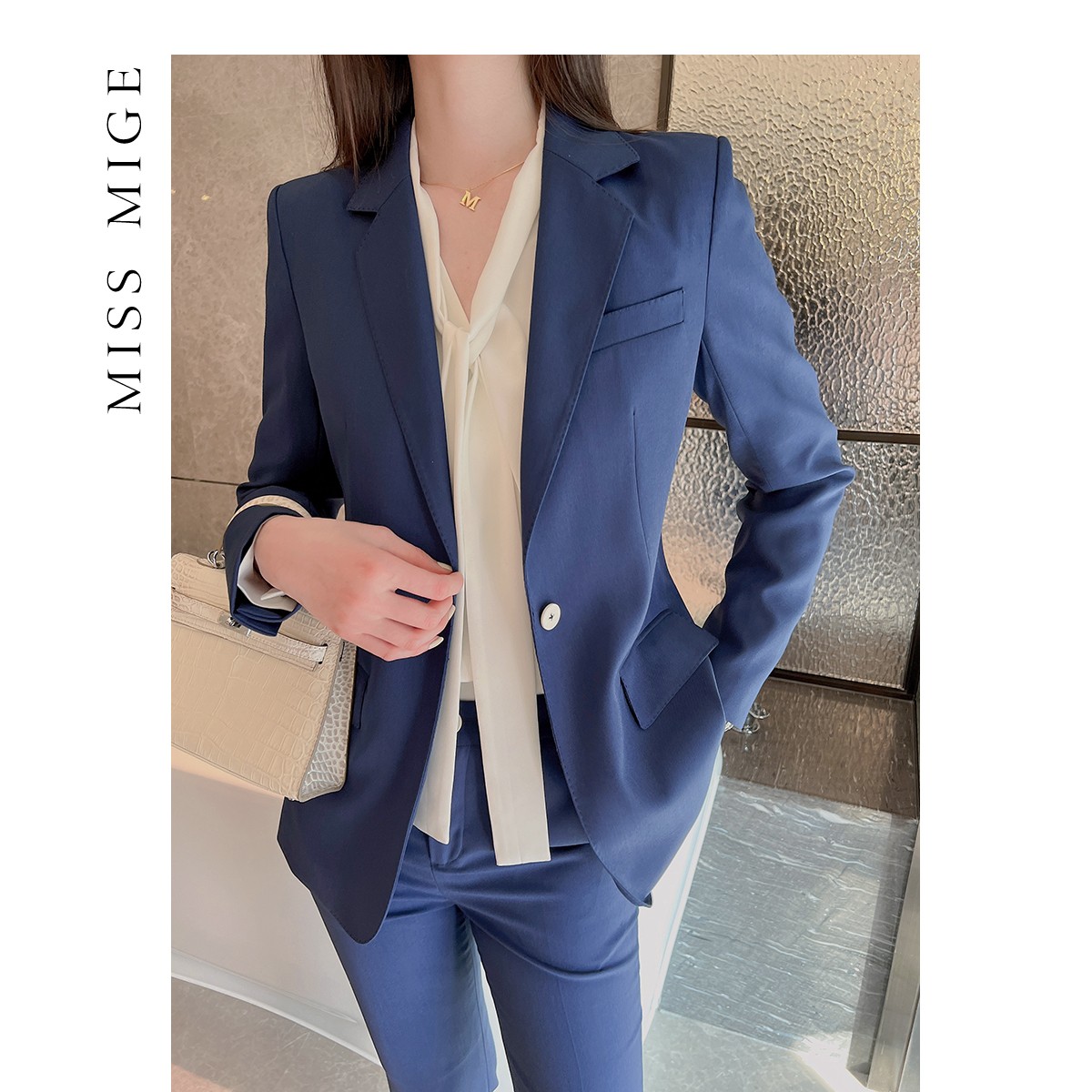 V762四季款西装领蓝色通勤职业装套装小个子气质女神范正装面试服