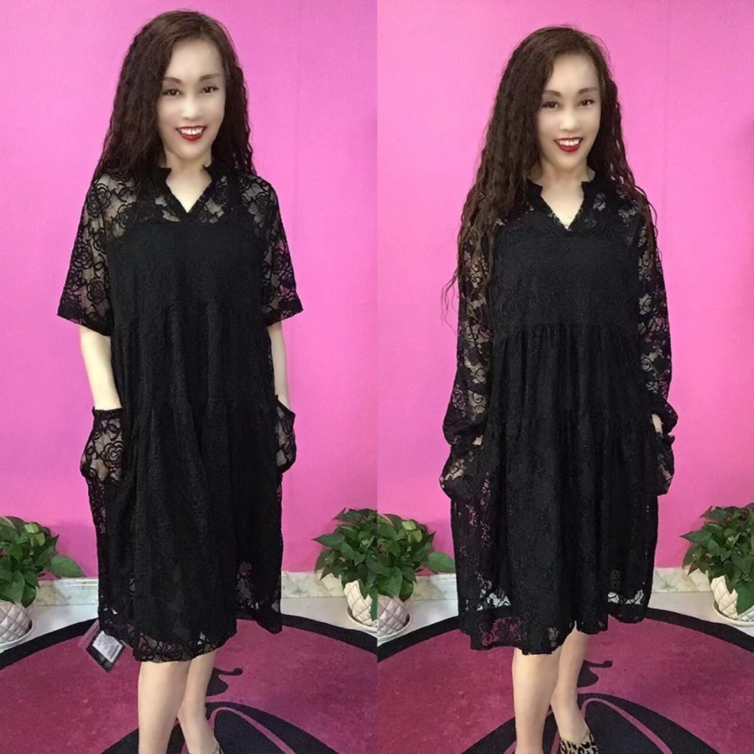 剪刀领双兜蕾丝裙（长袖、短袖）