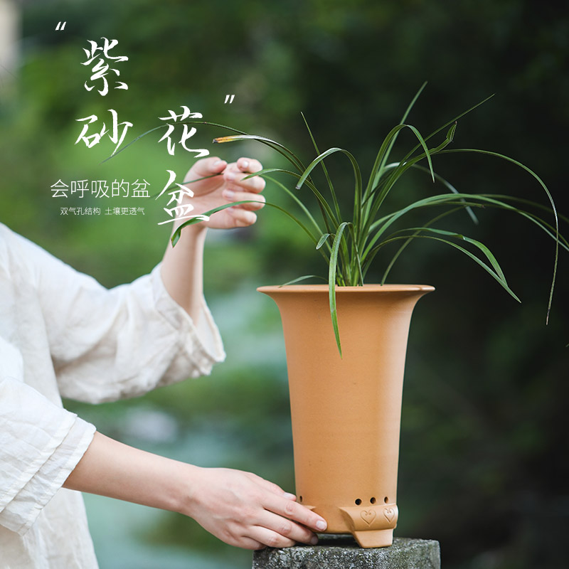 宜兴紫砂花盆精品陶瓷兰花盆春惠建寒兰专用盆大口径君子兰桌面盆