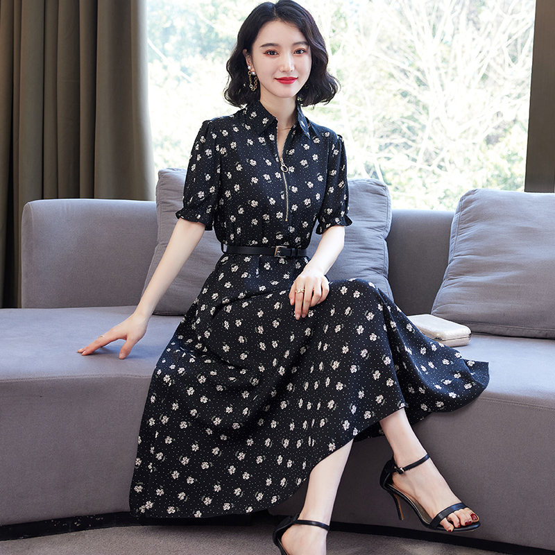 【有口袋】2024新款夏季短袖雪纺连衣裙女装碎花过膝宽松衬衫裙子