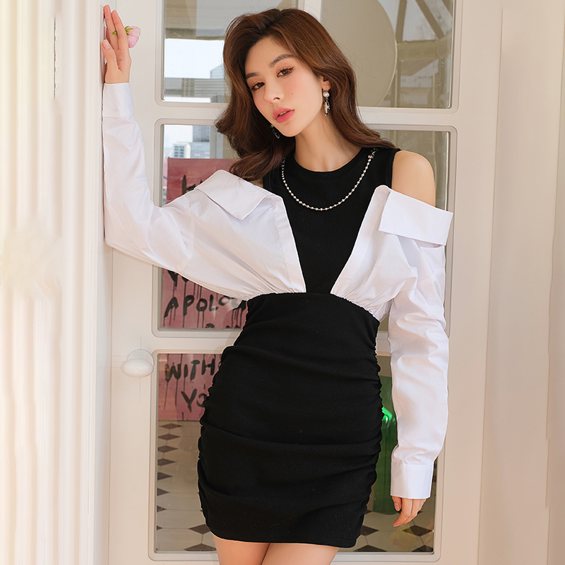 IcyNude拼接衬衫连衣裙修身包臀裙子女春装新款