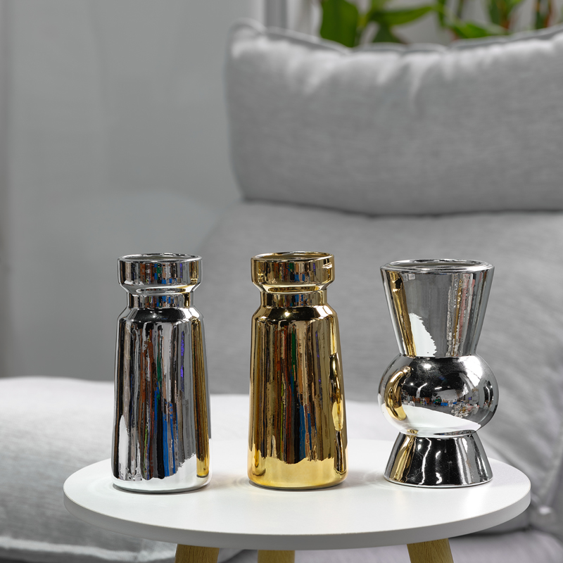 简约工业风陶瓷花瓶镀银金居家装饰品现代鲜花花器茶几桌面摆件