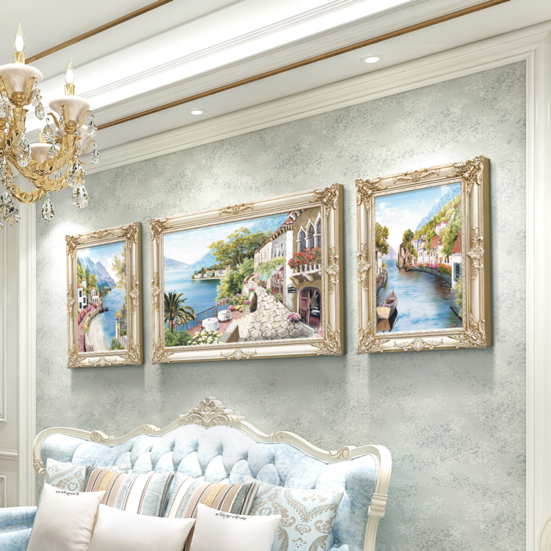 客厅沙发背景墙装饰画简欧别墅挂大气三联地中海风景成品手工油画