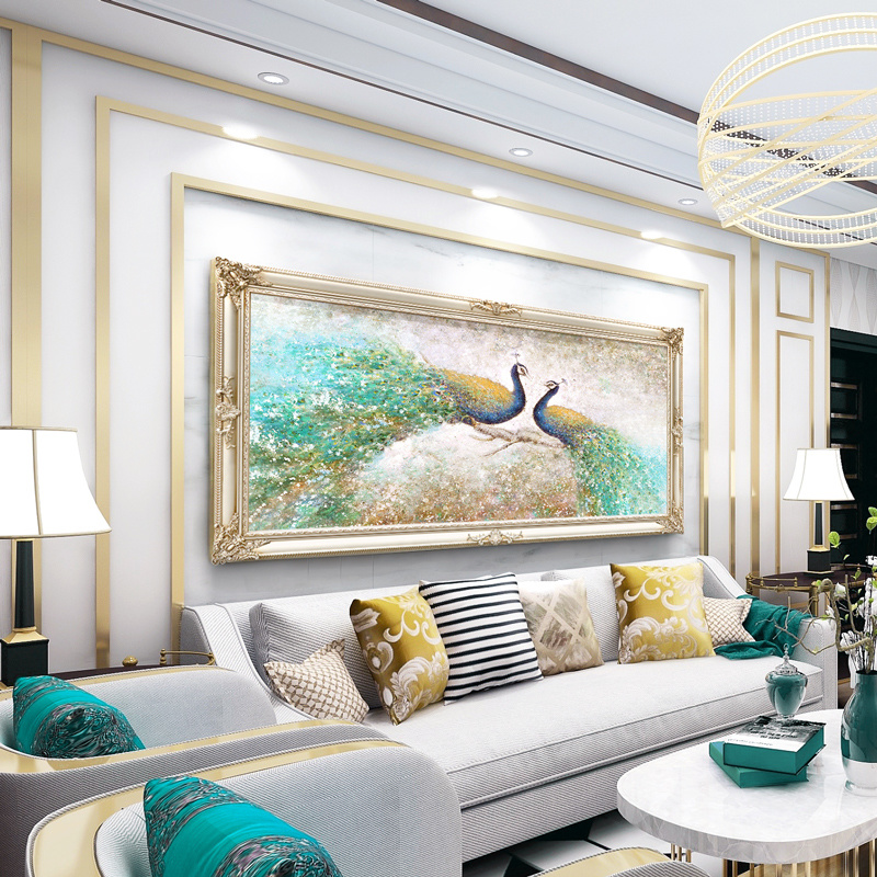 欧式客厅装饰画沙发背景挂画简欧卧室挂画大气横版壁画孔雀油画