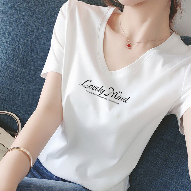 高品质新疆棉V领t恤女2023新款印花鸡心领短袖T恤女宽松显瘦半袖
