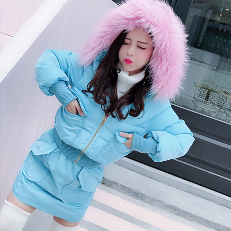 冬装连帽大毛领茄克短款棉服外套包臀裙半身裙棉衣两件套套装