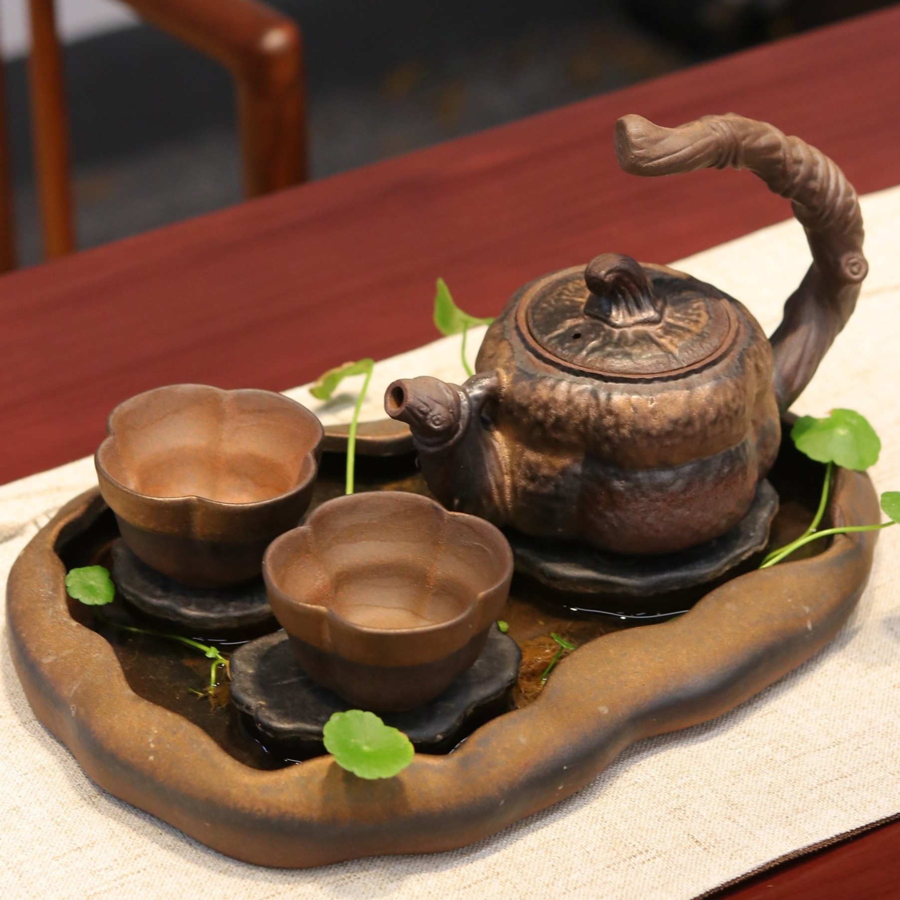 暖小瓷鎏金创意荷塘茶盘日式粗陶南瓜主人杯提梁壶陶瓷茶壶茶具