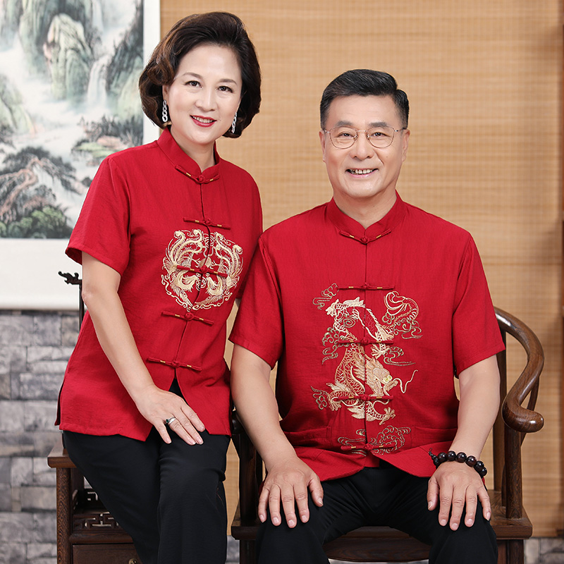 棉麻唐装男中老年情侣薄短袖夏装爷爷奶奶生日衣服老人过寿婚礼服