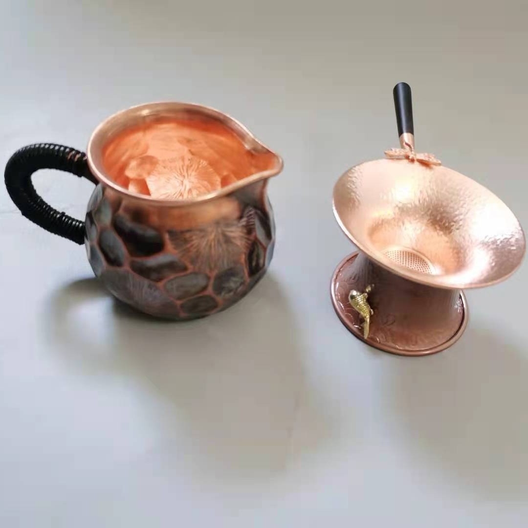 传统錾刻纯铜复古公道杯茶漏茶托