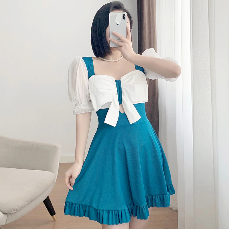 夏日浪泳衣泳衣女大码胖mm连体裙式保守遮肚肉显瘦夏季
