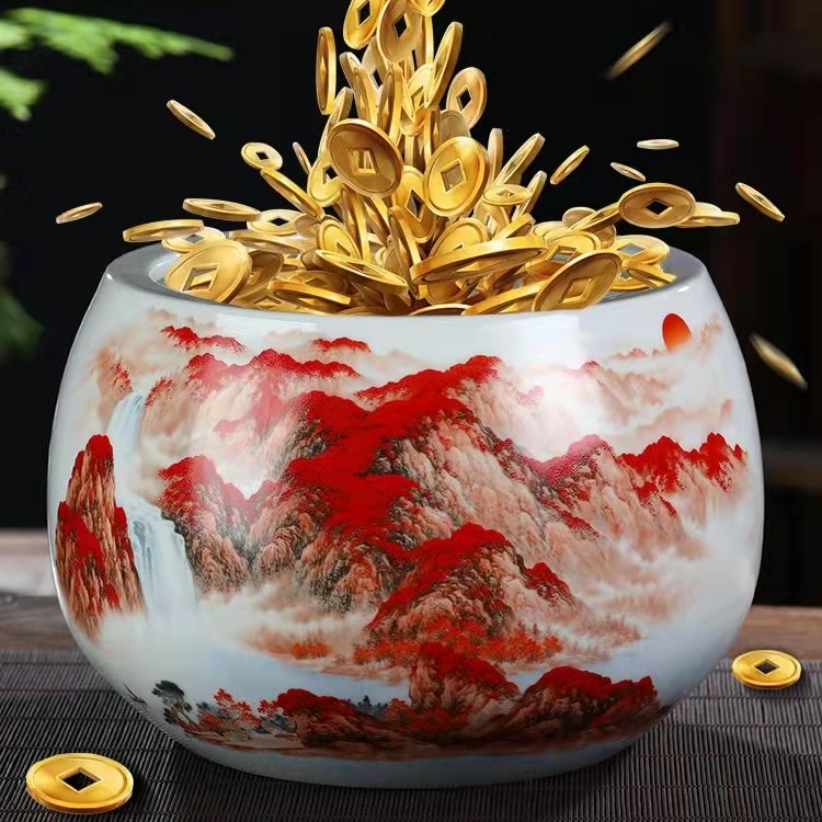 景德镇陶瓷器聚宝盆摆件客厅家居养鱼缸鸿运当头玄关装饰招财摆件