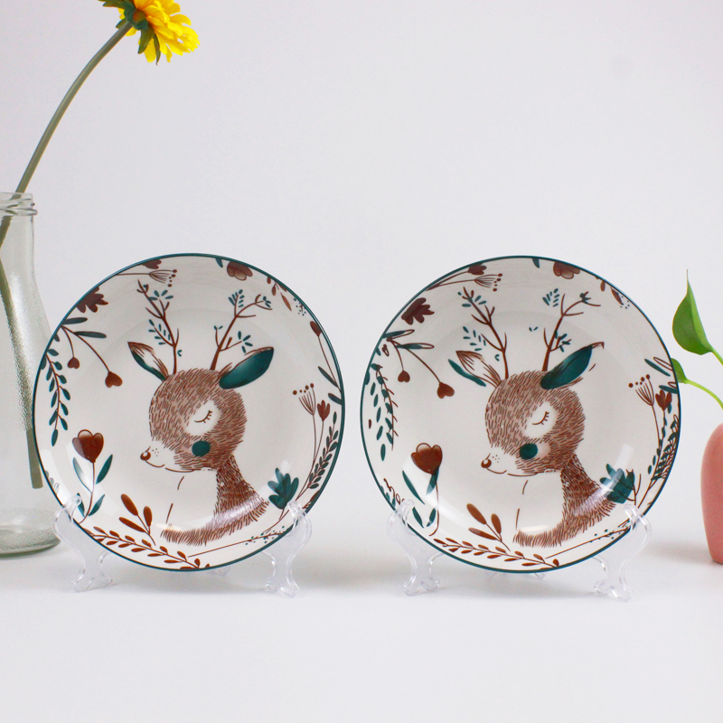 6只装8英寸小鹿一鹿有你盘子釉下彩陶瓷圆盘子菜盘