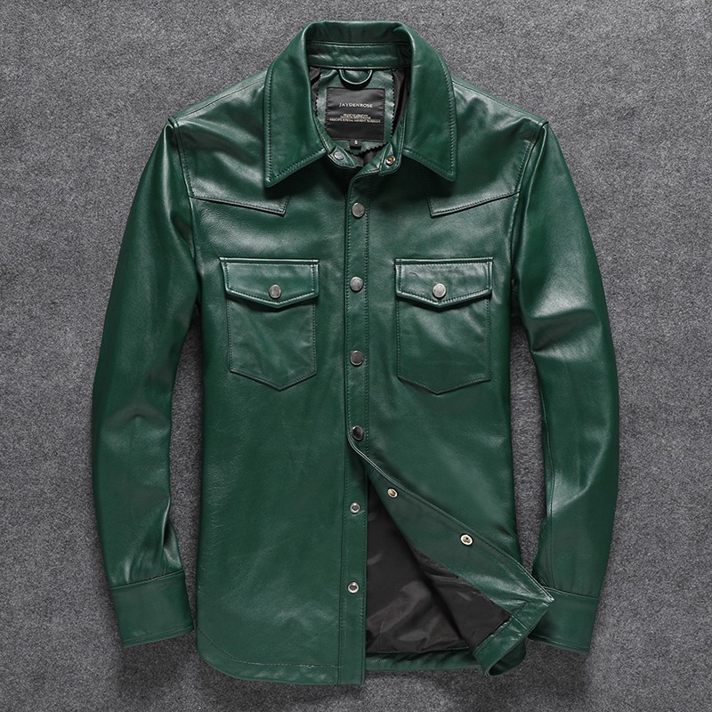 2025新款皮衣男真皮短款修身头层山羊皮机车皮夹克绿色翻领外套潮