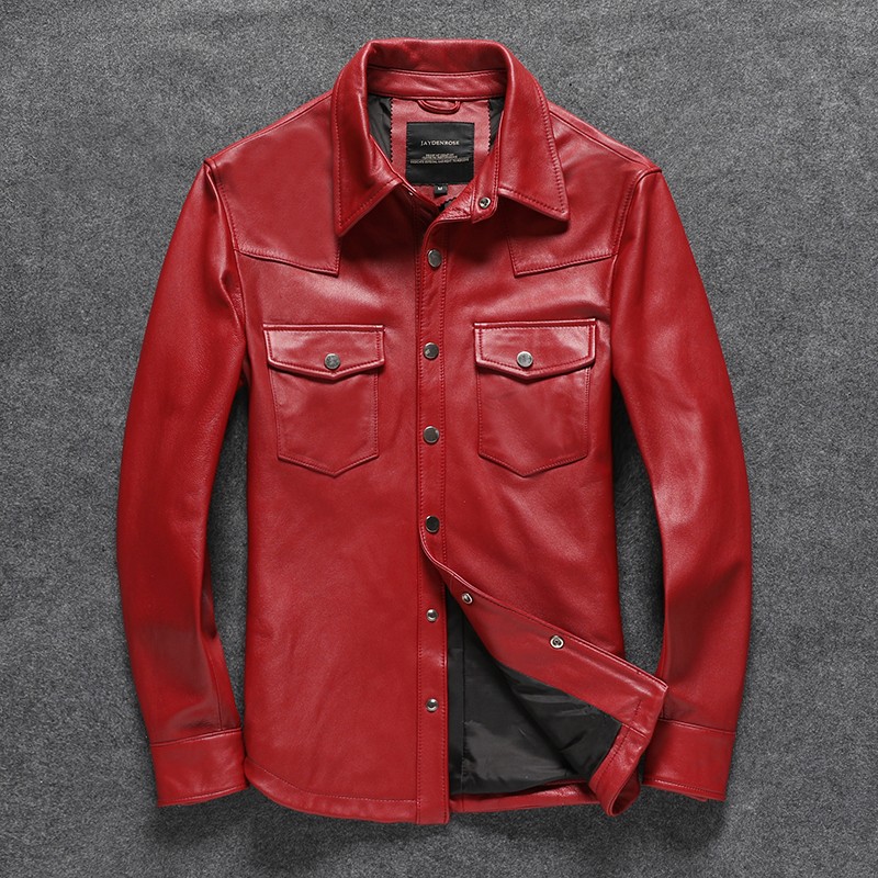 2025新款皮衣男真皮短款修身头层山羊皮机车皮夹克红色翻领外套潮