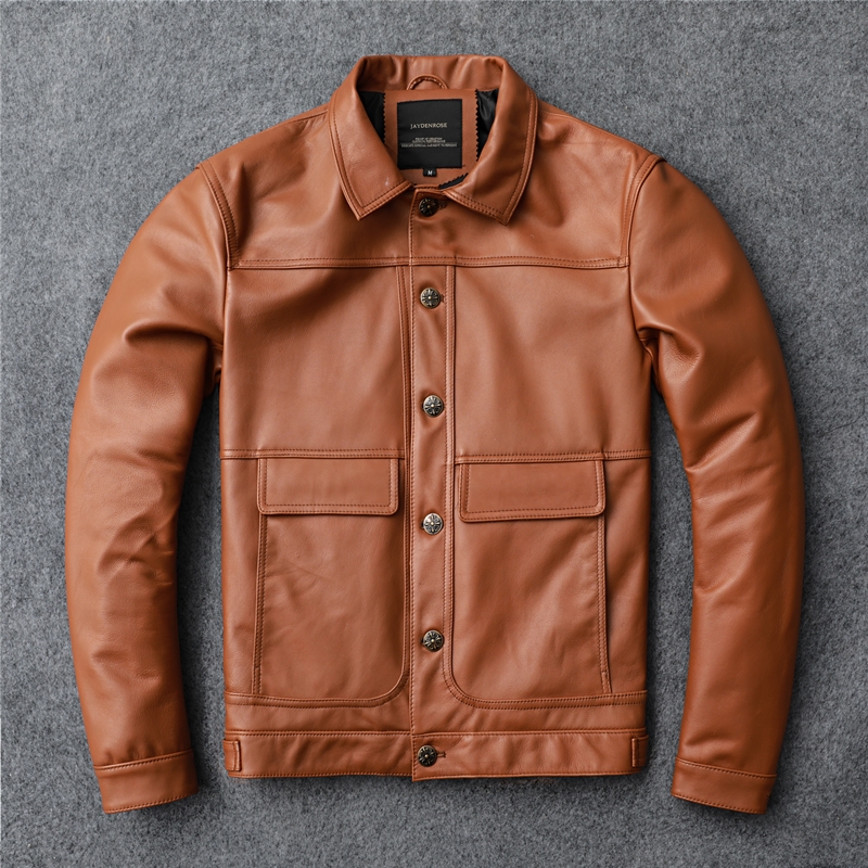 2025新款皮衣男真皮短款修身翻领头层牛皮机车皮夹克休闲棕色外套