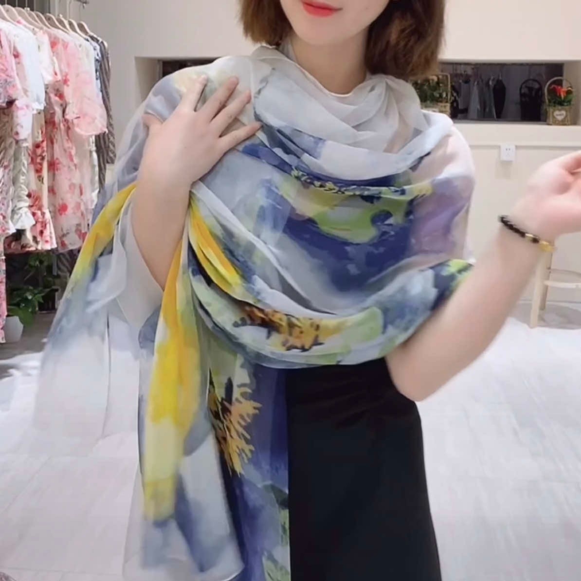 【淡雅蓝色】云锦纱130×180沙滩巾防晒披肩丝巾