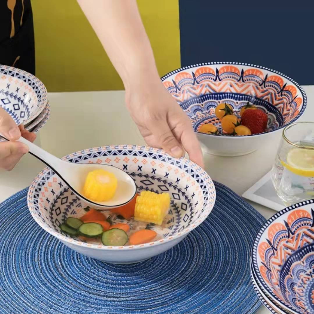 波西米亚风格釉下彩家用陶瓷8英寸大汤碗（4只装）