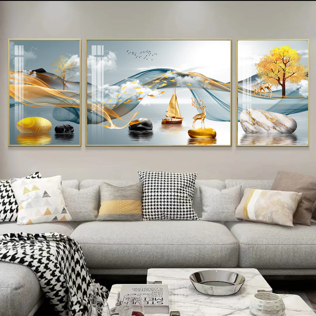 【丝带客厅三联画】顺丰发货送货到家沙发背景客厅三联晶瓷镶钻画