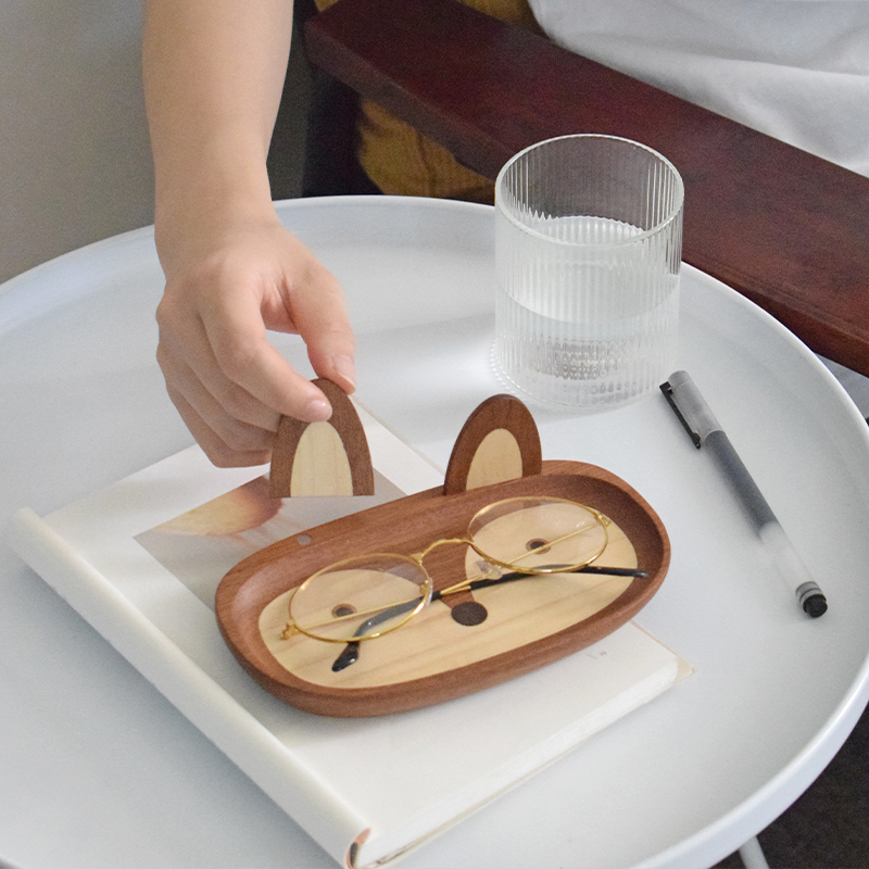 山舍原创小狐狸眼镜托盘 收纳盘实木创意礼品摆件 陈列杂物整理盘