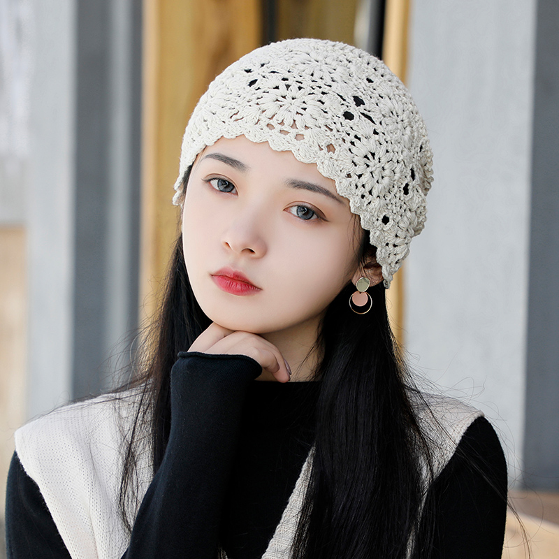 纯色包头帽女钩花遮白发手工堆堆帽花朵优雅百搭女士镂空针织帽