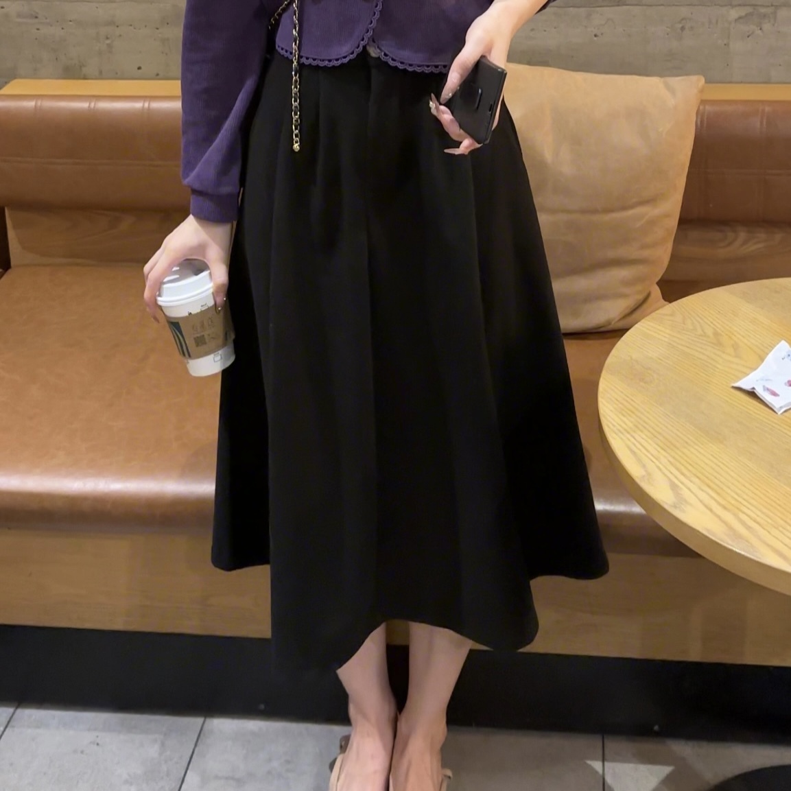 【大脸哈】高腰中长款半身裙百搭显瘦黑色A字松紧腰中长裙