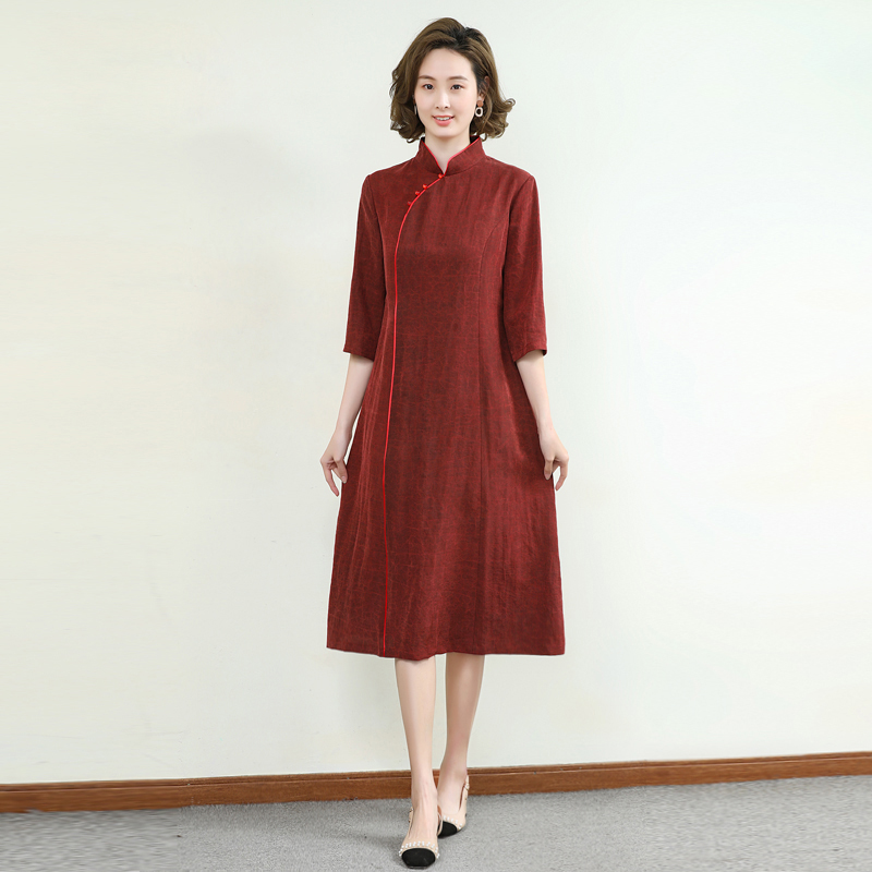 D2022L005红色香云纱妈妈婚宴礼服喜婆婆2024新款中式女装连衣裙