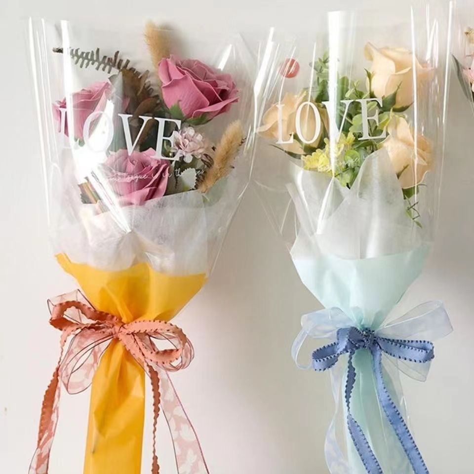 鲜花多支单支包装袋多色鲜花袋透明印花OPP花袋花店摆摊花束袋子