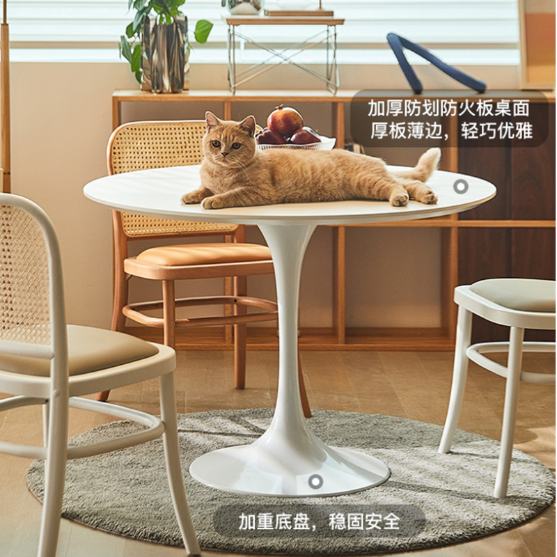 小户型阳台圆形餐桌椅组合简约现代白色岩板桌家用网红会议餐厅桌