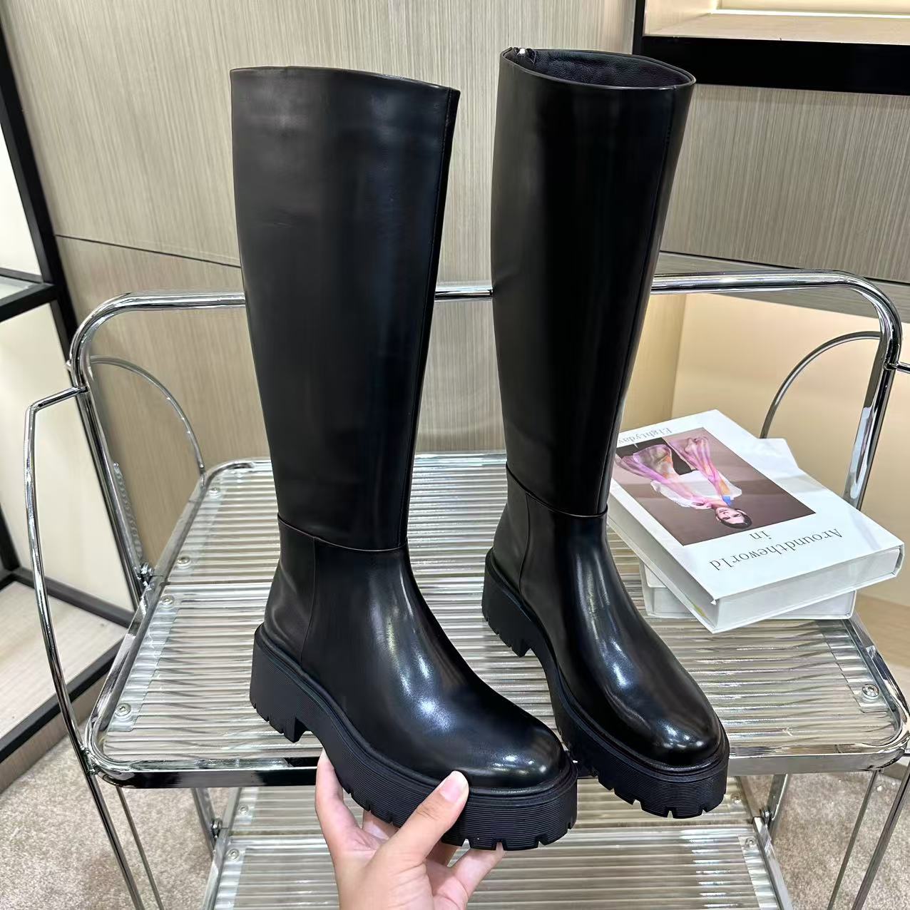 2025秋冬新款欧洲站极简风厚底增高显瘦不过膝时装骑士靴女G389