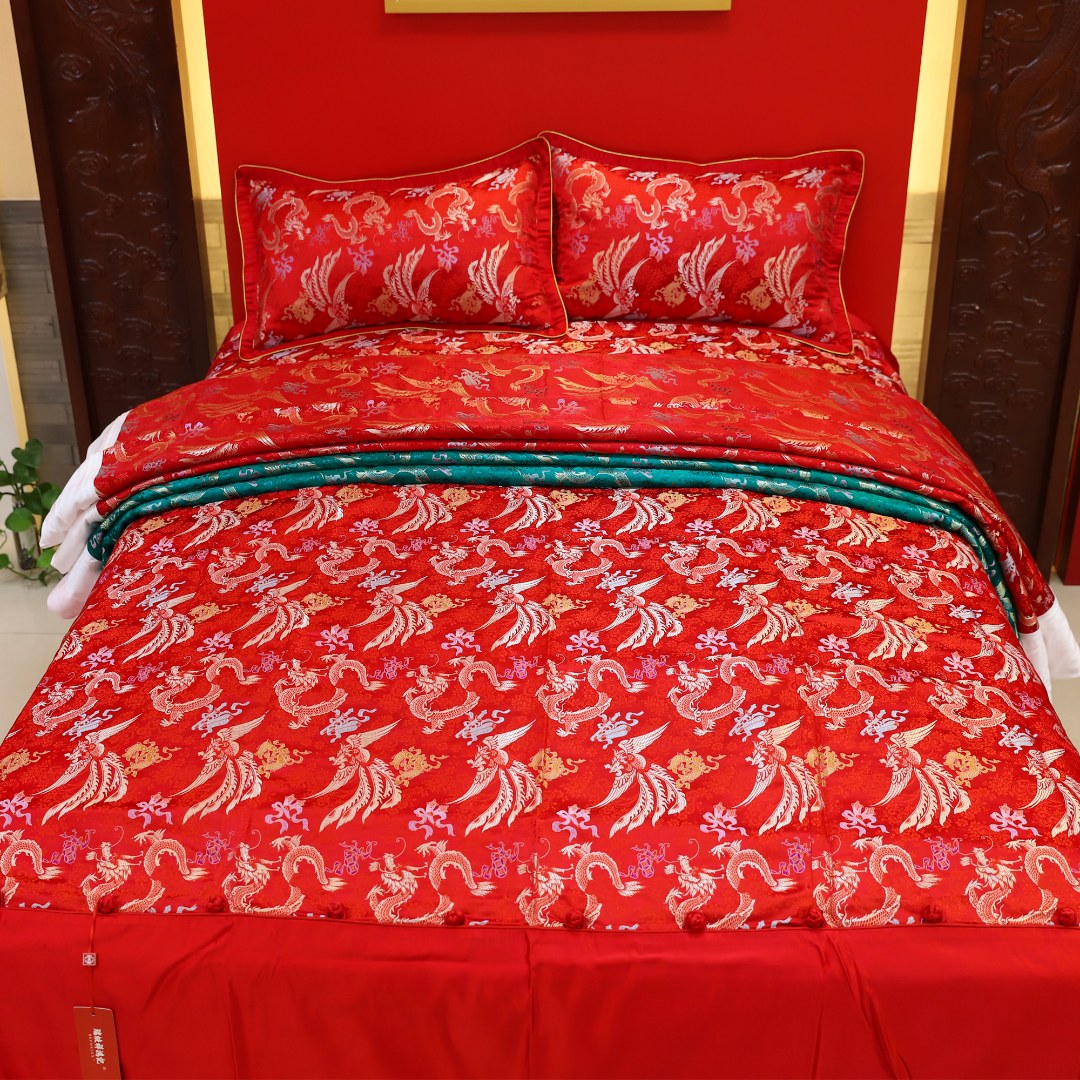 织锦缎大床盖婚庆床品龙凤呈祥百子图双鱼海水图