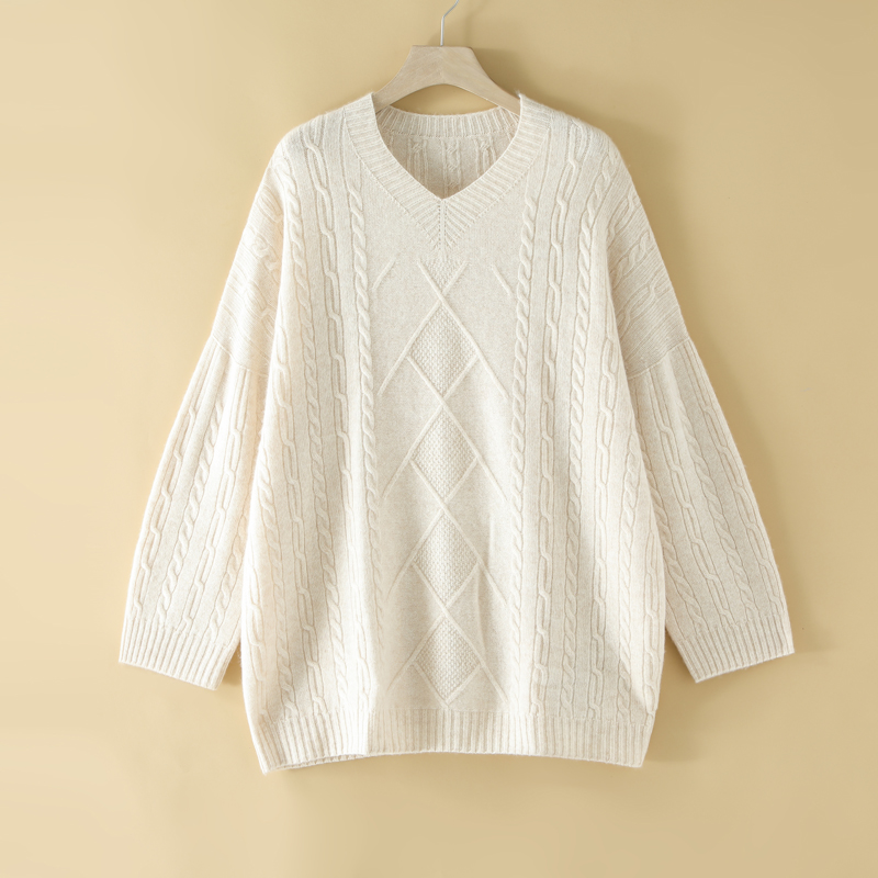 【羊羔绒】8003纳驰羊绒高端加厚女士大v领宽松套头保暖羊绒衫