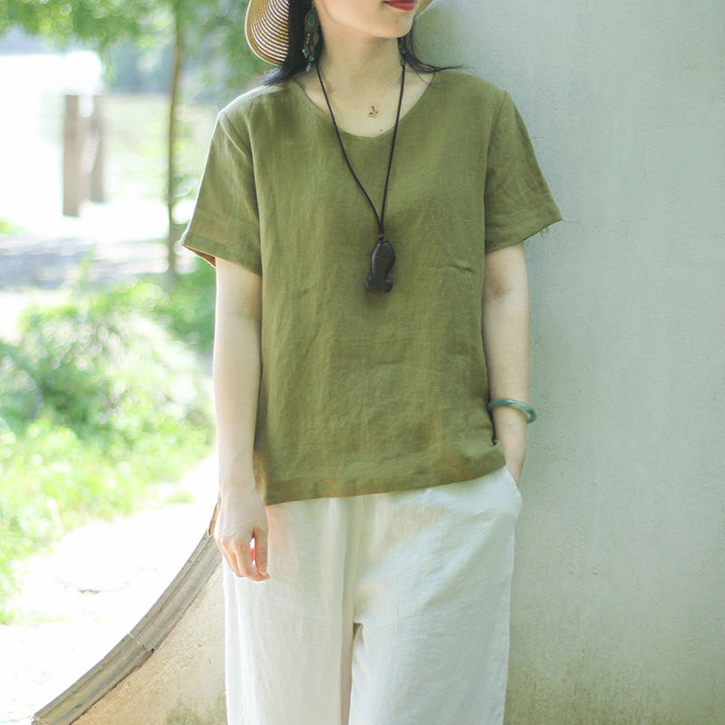复古纯色棉麻短袖T恤夏季薄款复古宽松纯色休闲文艺百搭女装上衣