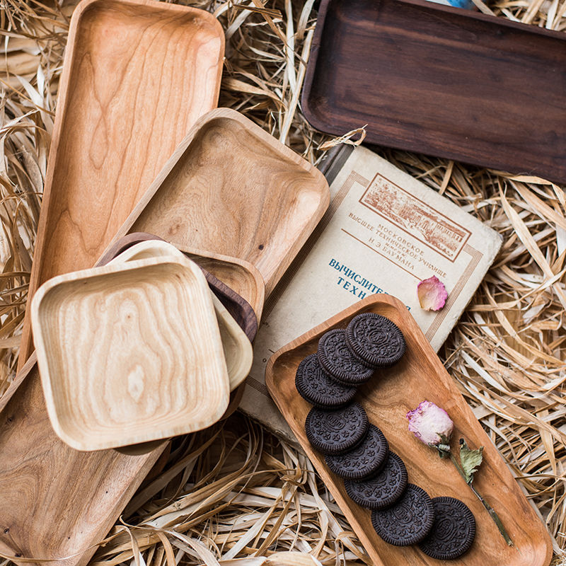 掬涵实木装饰盘子收纳盘糕点甜品餐盘果盘日式托盘简约胡桃北欧风