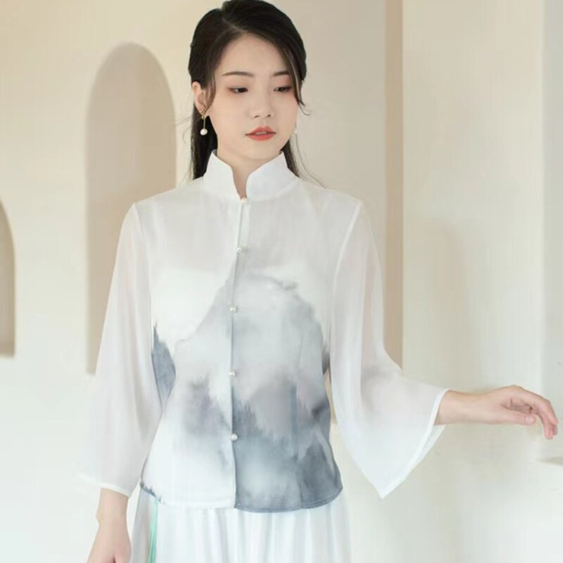 墨娇颜1593水墨印花禅意中式上衣小衫国风百搭气质女装复古