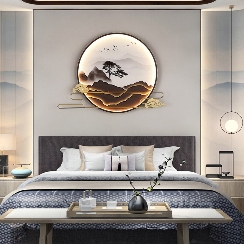新中式壁灯禅意茶室圆形装饰画走廊玄关餐厅沙发背景灯装饰壁画灯