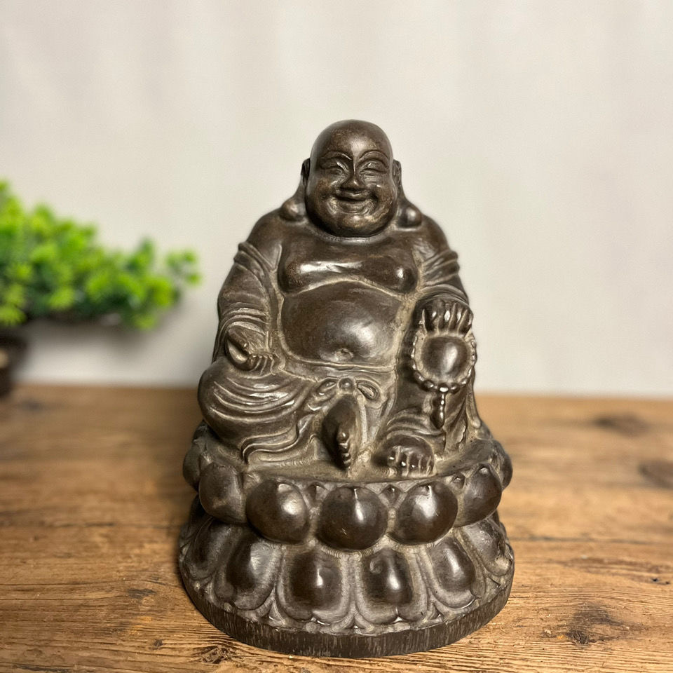 天然青石原石手工雕刻弥勒佛祖摆件高约23厘米笑佛茶室禅意